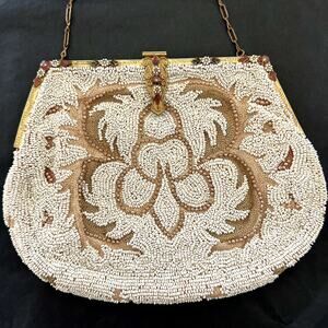Vintage 1940s 1950s Beaded Evening Purse Gold Frame Chain Handle Bridal Bag